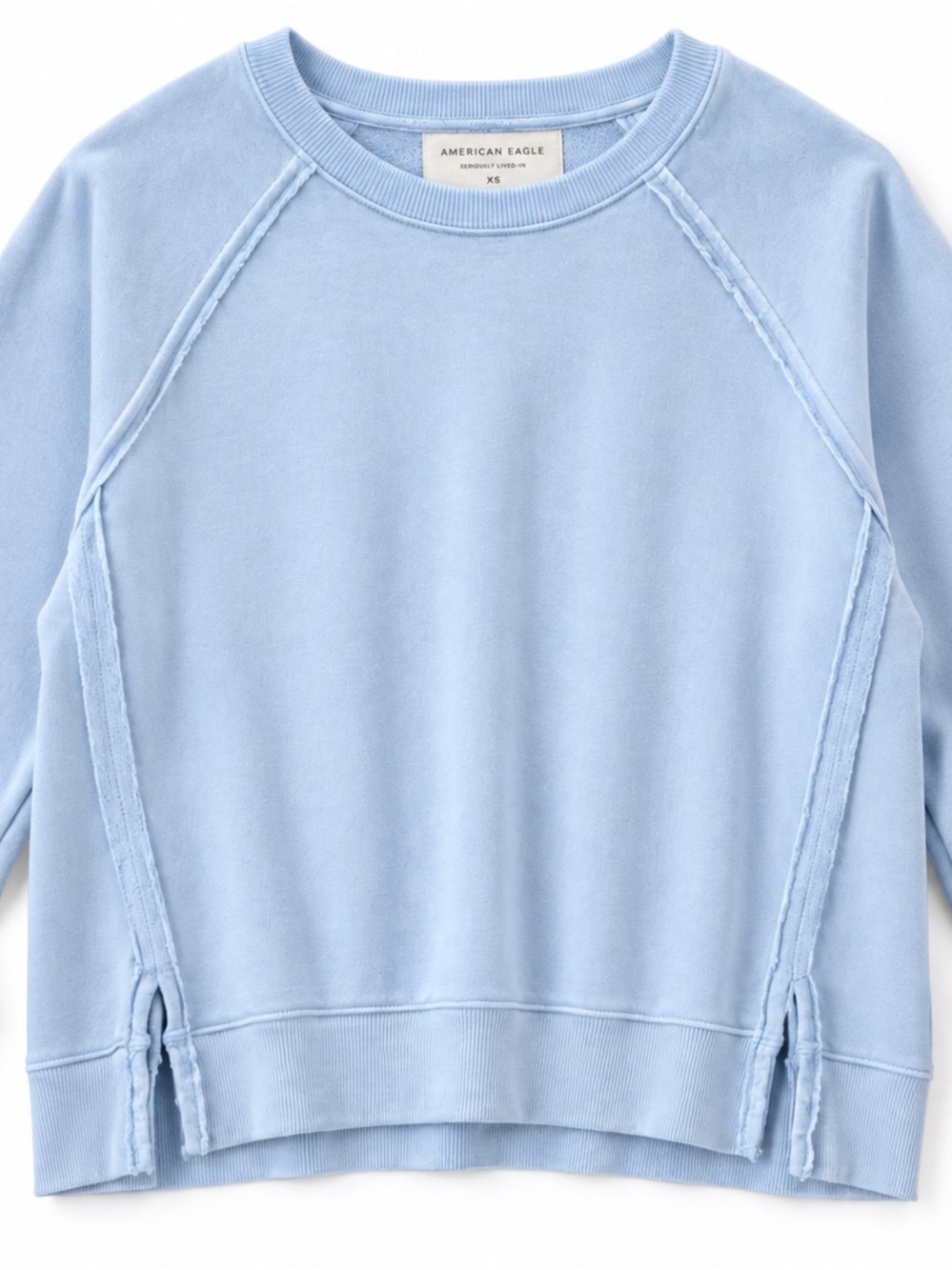American Eagle Seriously Lived-In Fleece Sweatshirt XS Light Blue Raw Seam